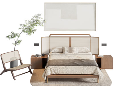 新中式双人床 床头柜 休闲椅子