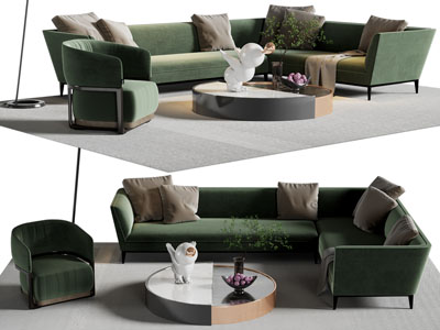 现代中古风转角布艺多人沙发 茶几组合