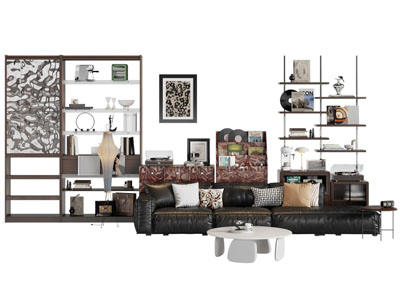 现代中古风多人沙发 装饰柜 边柜和茶几组合