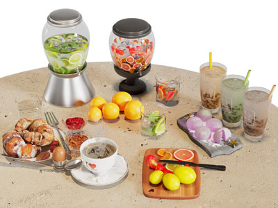 现代果汁杯子 冷饮 面包 咖啡 水果食物
