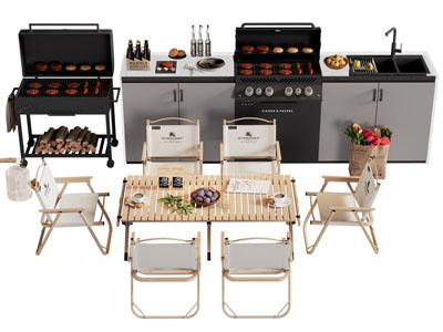 现代橱柜 厨具 烧烤炉 可折叠餐桌椅组合