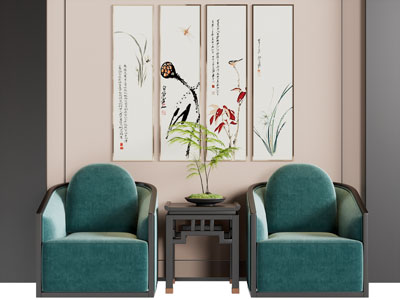 新中式单人沙发 边几 挂画