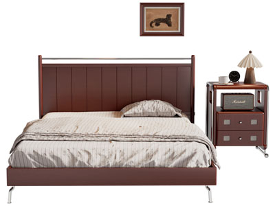 现代中古风双人床 床头柜