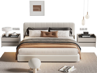 现代布艺双人床 床头柜