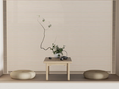 新中式飘窗 百叶窗帘 茶几 蒲团