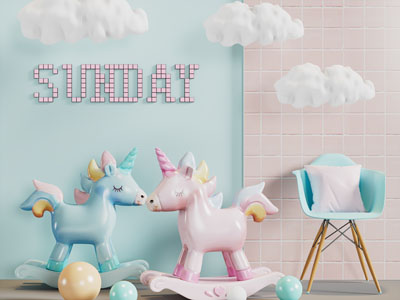 现代独角兽木马 休闲椅子 云朵吊灯 美陈