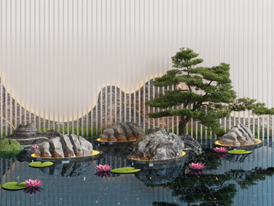 新中式景观墙 松树 石头 水景园艺小品