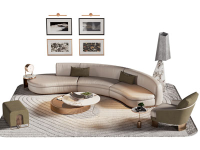 现代弧形多人沙发 单人沙发和茶几组合