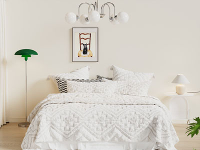 现代双人床 落地灯 床头几