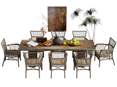 侘寂风中古风长方形餐桌椅组合 挂画