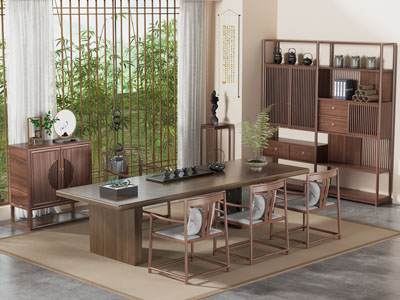 新中式实木茶桌椅组合 博古架 边柜
