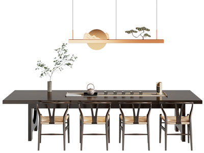 新中式长方形茶桌椅组合