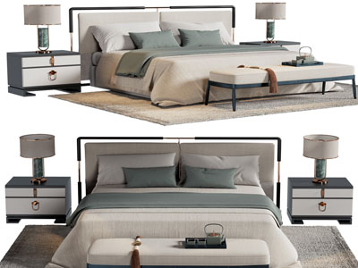 新中式双人床 床头柜 床尾凳