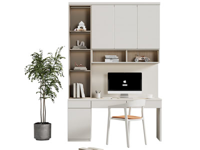 现代带书柜的书桌椅组合3d模型 现代带书柜的书桌椅组合