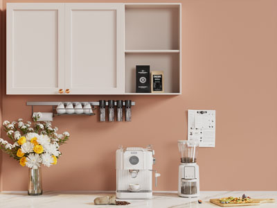 现代咖啡机 花瓶花卉 墙面置物架摆件组合