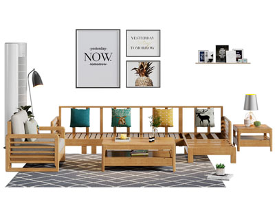 新中式实木多人沙发 边几和茶几组合 挂画