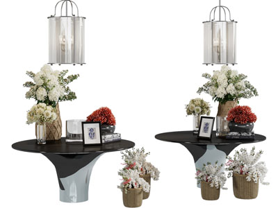 现代圆几 花束 花瓶花卉摆件组合