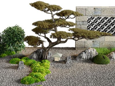 新中式石子 松树 花草景观园艺小品