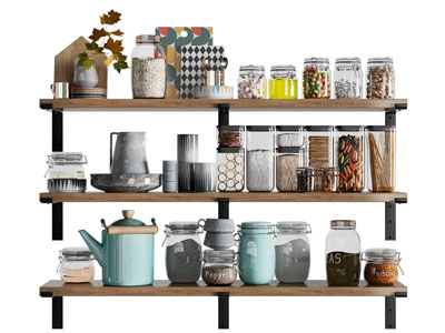 现代实木隔板调料瓶 密封罐 茶具杯子摆件组合