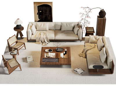 侘寂风中古风双人沙发 休闲椅子和茶几组合