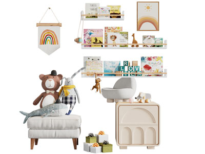 现代儿童沙发凳子 床头柜 墙面书架