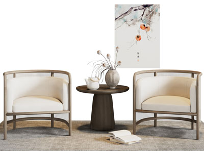 新中式单人沙发 边几 挂画