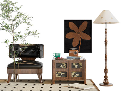 法式中古风单人沙发 边柜 落地灯 挂画