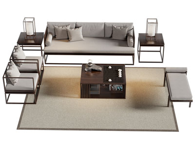 新中式多人沙发 单人沙发和茶几组合