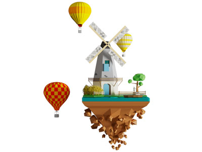 现代风车 热气球卡通场景