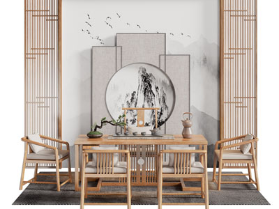 新中式茶桌椅组合 背景墙