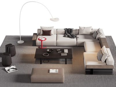 现代转角多人沙发 沙发凳和茶几组合