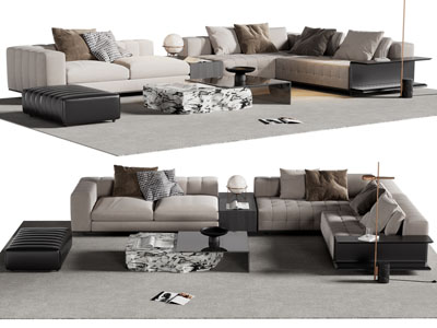 现代转角布艺转角多人沙发 茶几组合