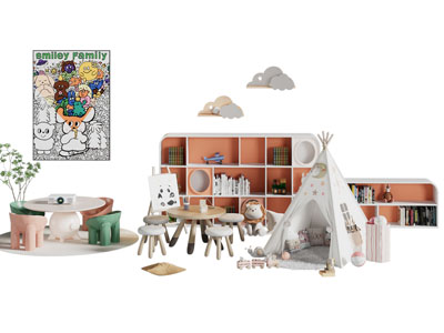 现代儿童帐篷 儿童桌椅组合 装饰柜