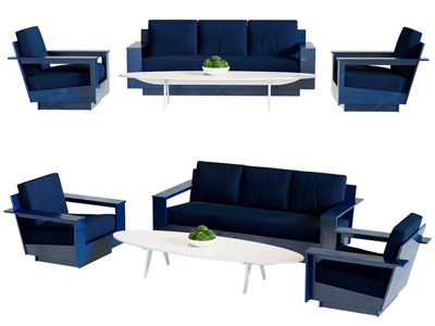 现代蓝色多人沙发 单人沙发和茶几组合