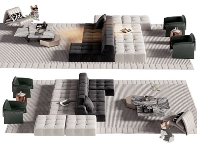 现代拼接布艺双向多人沙发 茶几组合