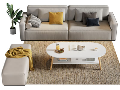 现代布艺双人沙发 沙发凳和茶几组合