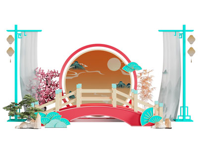 新中式木桥美陈 户外装置 摆件组合