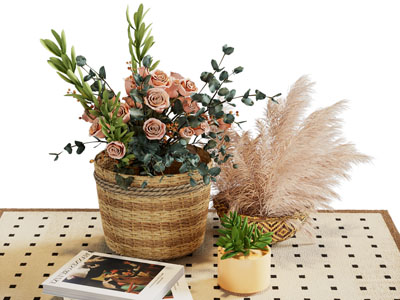 现代编织花篮 玫瑰花 书本 摆件组合