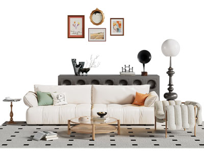 法式奶油风双人沙发 休闲椅子 边柜和茶几组合