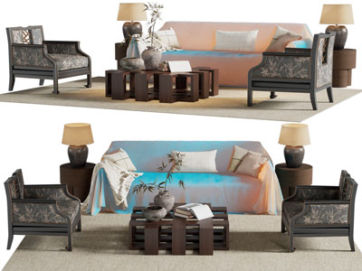 侘寂风中古风多人 单人沙发和茶几组合