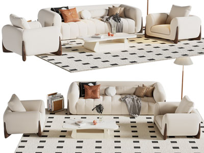 现代奶油风多人 单人沙发和茶几组合