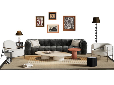 法式多人沙发 挂画 休闲椅子和茶几组合