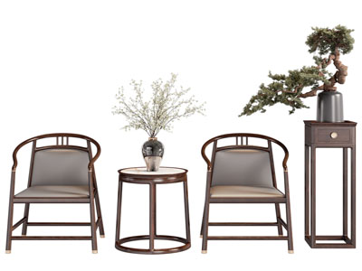 新中式圈椅 扶手椅子 边几 盆景盆栽