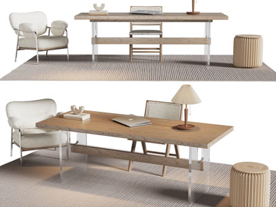 现代实木书桌椅组合3d模型 现代实木书桌椅组合