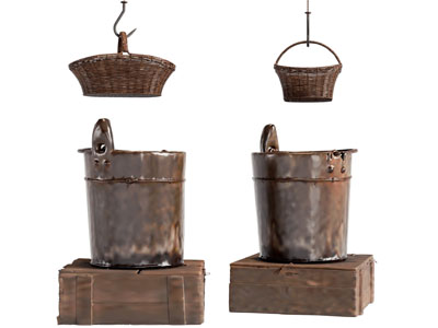 现代铁皮桶 编织篮子工艺品摆件组合