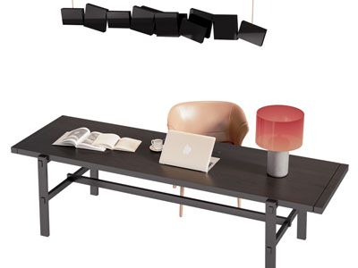 现代长方形书桌椅组合3d模型 现代长方形书桌椅组合