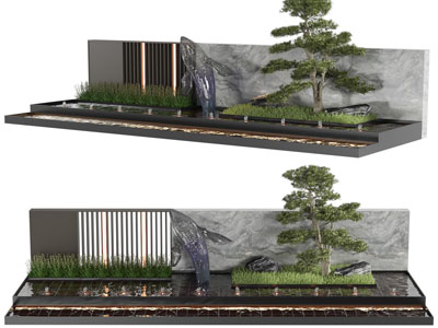 新中式景观墙 松树 海豚雕塑 水景景观园艺小品