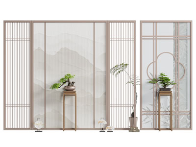 新中式背景墙 松树盆景盆栽