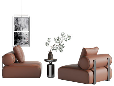 现代单人沙发 边几 挂画