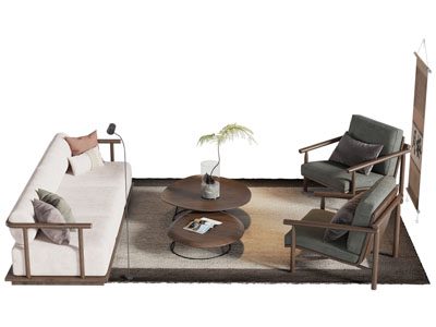 新中式多人沙发 休闲椅和茶几组合